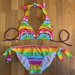 L | Striped Bikini | Triangle Top / Side Ties | Rainbow